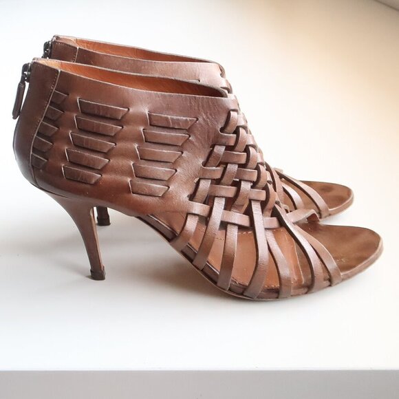 Givenchy Brown Leather Woven Strappy Open Toe Heels Sandals Luxury Bootie Shoes - Picture 2 of 16